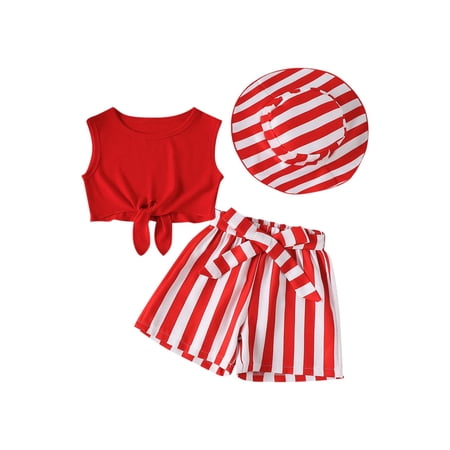 Lopeceal Summer Girls 3 Piece Outfit Striped Bowknot Tie Front Crew Neck Sets Tank Top and Shorts with Sun Hat Fashionable 2-7Y