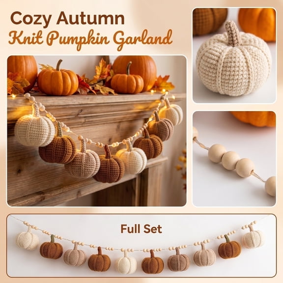 Fall Mantel Decor Knitted Pumpkin Garland with Warm Lights 8.2 Ft, Halloween Decorations Indoor & Autumn Fall Pumpkins, Vintage Halloween Decor for Home Fireplace Mantel Shelf