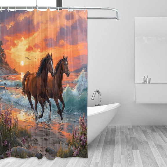 Seaside Horse Running Sunset Shower Curtains with 12 Hooks Waterproof Bathroom Decor 66" x 72"