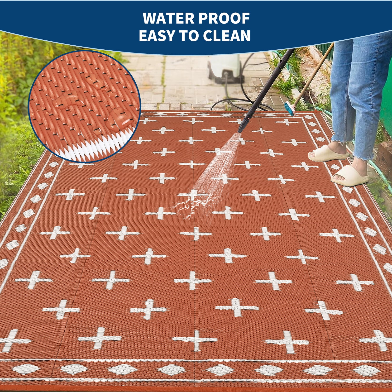 COZONY 9'x18' Outdoor Rug, Reversible Waterproof Plastic Straw Patio Mat, Large RV Camping Rug with Geometric Design for Deck, Bangeyard, Beach