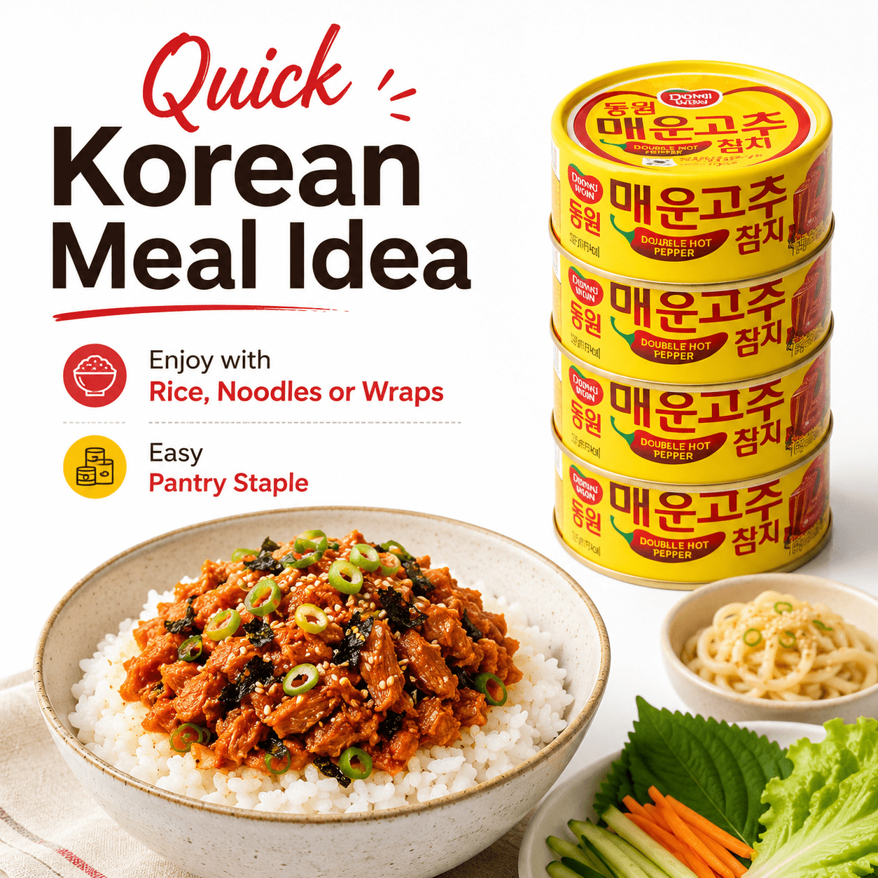 Dongwon Double Hot Pepper Tuna, Korean Spicy Canned Tuna with Chili Pepper Sauce, High Protein Seafood, 4.76 oz (135g) Cans, 4 Pack