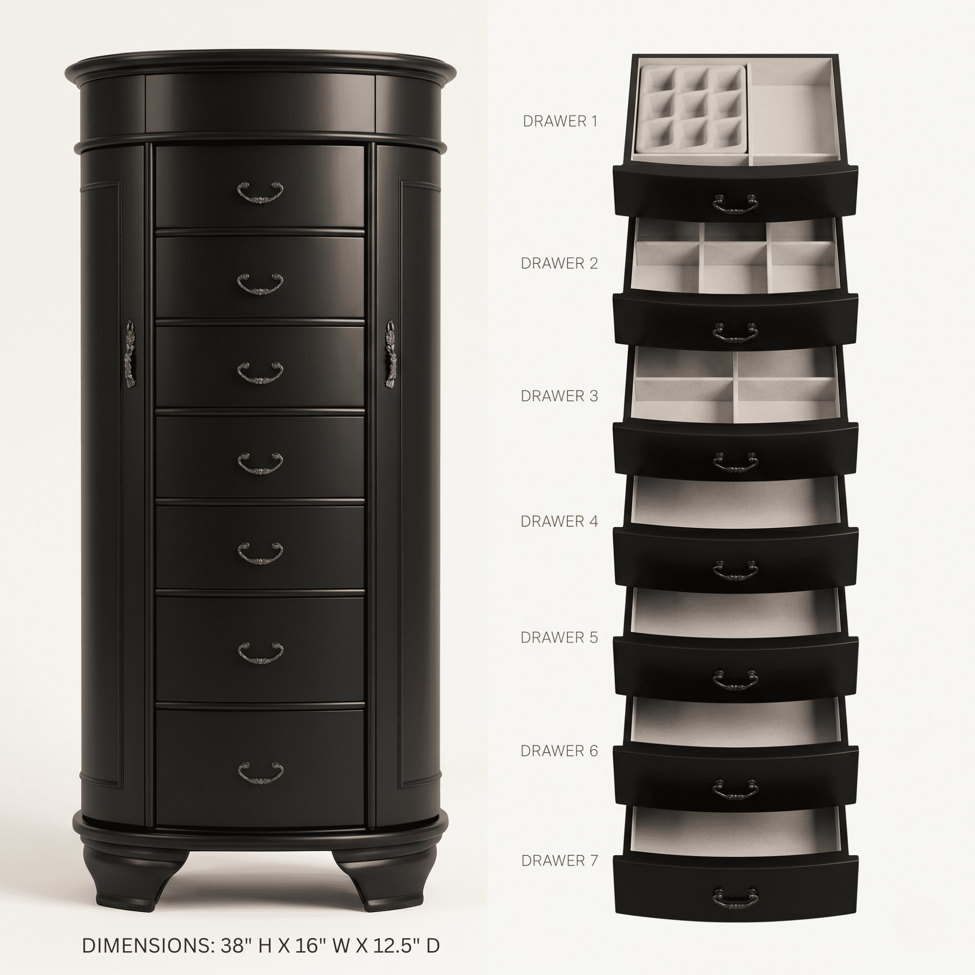 Hives and Honey Daley Oval Free Standing Wood Jewelry Armoire, Black