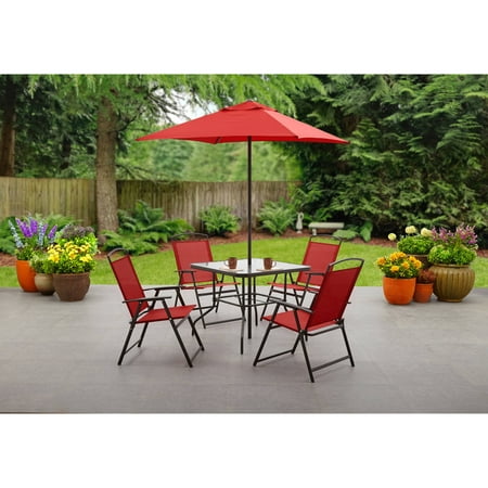 Mainstays Albany Lane 6 Piece Outdoor, Glass Patio Table And Chairs With Umbrella