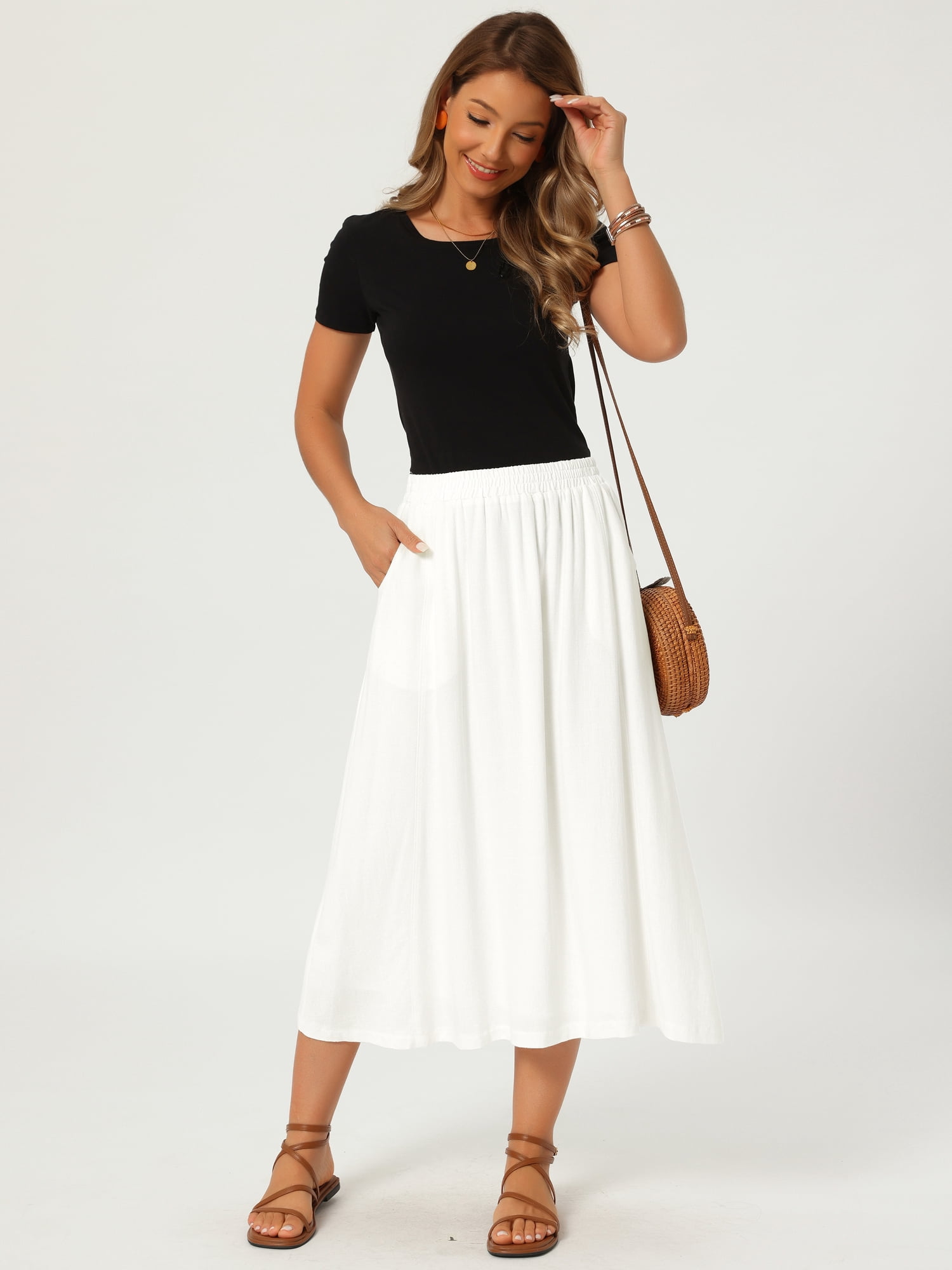 DARING DIVA Women's Flowy High Waist A-Line Midi with Pockets Skirt Small White