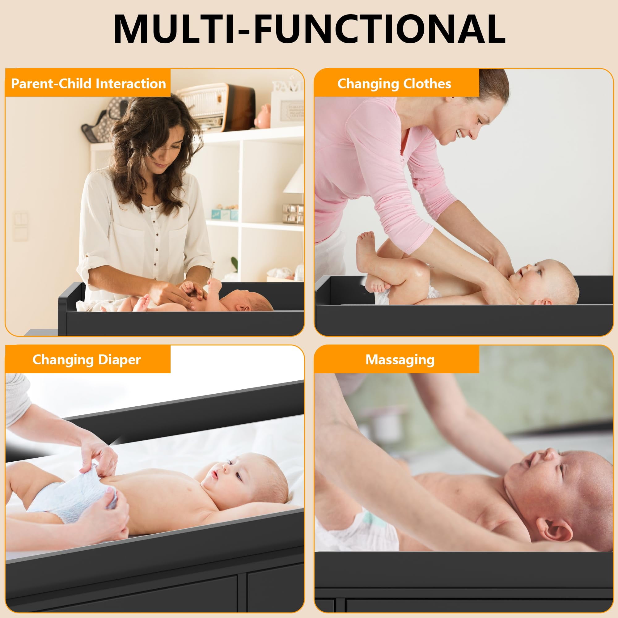 Changing Table Dresser with 6 Drawers& Power Outlets,Nursery Storage Organizer with Changing Pad & Removable Top,6 Drawers Dresser for Bedroom