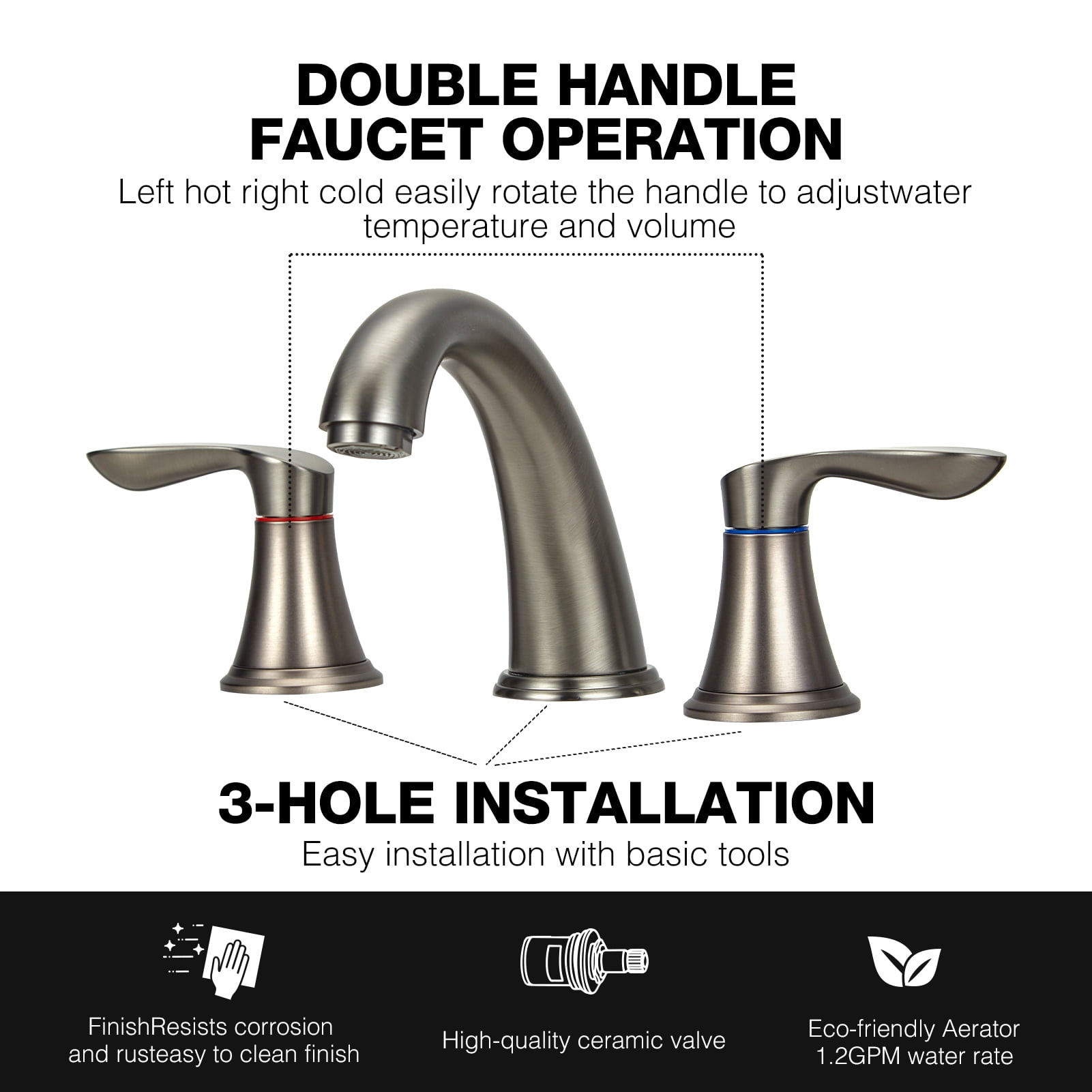 Bathroom Faucets for Sink 3 Hole, Faucet for Bathroom Sink, Widespread Bathroom Sink Faucet with Pop-up Drain and Supply Lines, for Bathroom Sink Vanity RV Farmhouse Sink