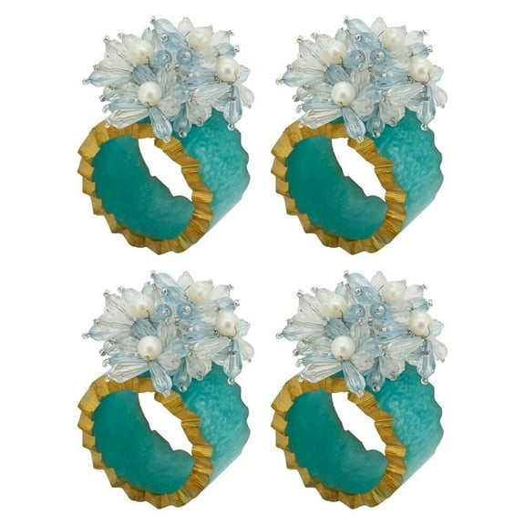 Fennco Styles Hand Beaded Flower Resin Napkin Rings, Set of 4 - Aqua Petal Decorative Napkin Holders for Christmas, Home, Dining Room, Banquet, Family Gathering, Holiday and Special Occasion