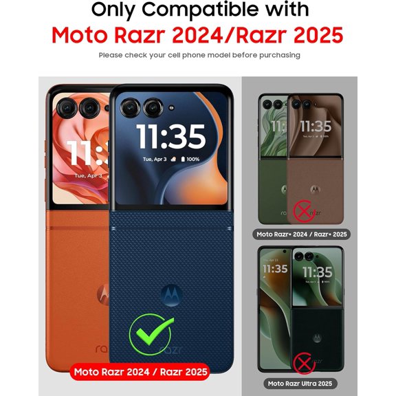 YUYAN-for Motorola Razr 2025 Case/Razr 2024 Case, Built-in Screen Protector & Hinge Protection & 360° Spin Stand & Hand Strap, Slim Genuine Leather Shockproof Phone Case for Razr 2025/2024(Black)