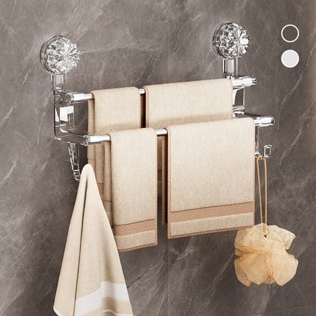 Double Suction Cup Towel Rack, Bathroom Storage with Hooks for Wet & Dry Towels, Transparent PVC/Steel Suction for Easy Installation, Strong Hold for Home Use