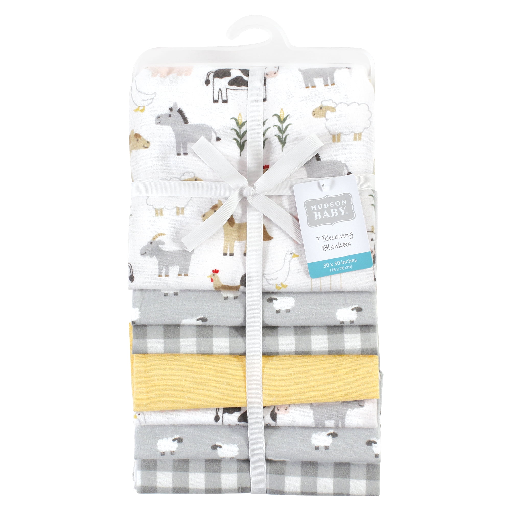 Little Treasure Hudson Baby Cotton Poly Flannel Receiving Blankets Multipack, Grey Cute Farm, 30x30 inches