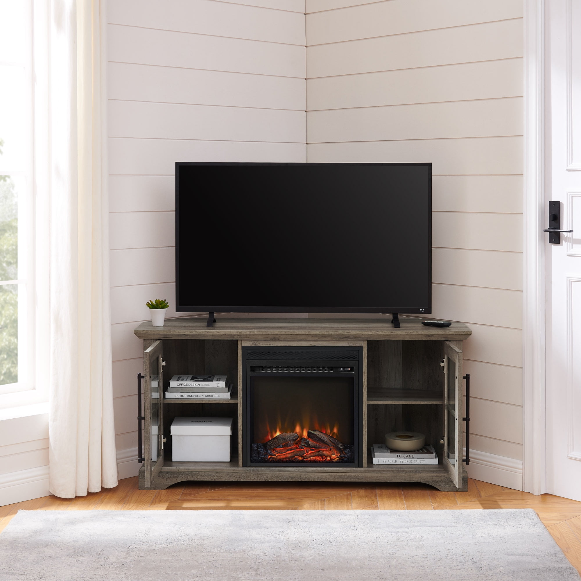 Walker Edison 54” Modern Rustic Electric Fireplace Corner TV Stand for TV’s up to 55”, Grey Wash