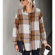 thumbnail image 2 of Mujeres Plaid camisa alta baja hem turn Abrigos de plumas collar clásico manga larga cardigan para mujer señora khaki L, 2 of 8