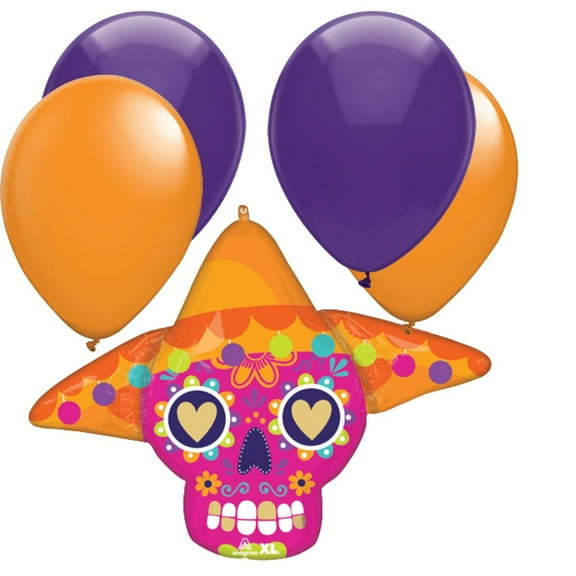 LoonBalloon 34" Day of the Dead Sugar Skull Foil Balloon with 4 Latex Balloons – Colorful Día de los Muertos Party Decoration Set