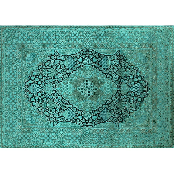 Ahgly Company Machine Washable Indoor Rectangle Oriental Turquoise Blue Industrial Area Rugs, 8' x 12'