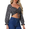 thumbnail image 4 of INSPIRE CHIC Smocked Floral Crop Top for Women's Square Neck Drawstring Front Puff Sleeve Summer Blouse Black XS, 4 of 5