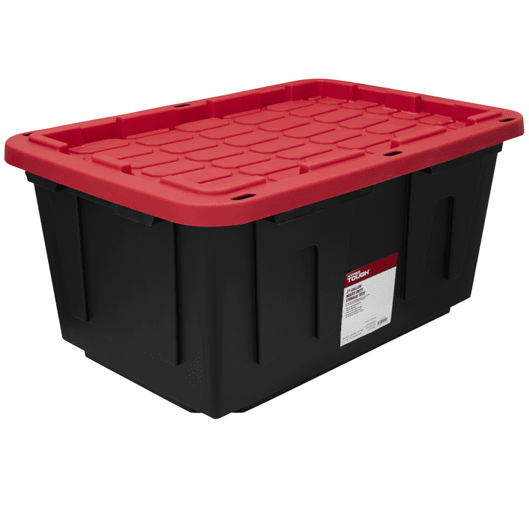 Hyper Tough 27 Gallon Stackable Snap Lid Plastic Storage Bin Container,  Black with Red Lid, Set of 4