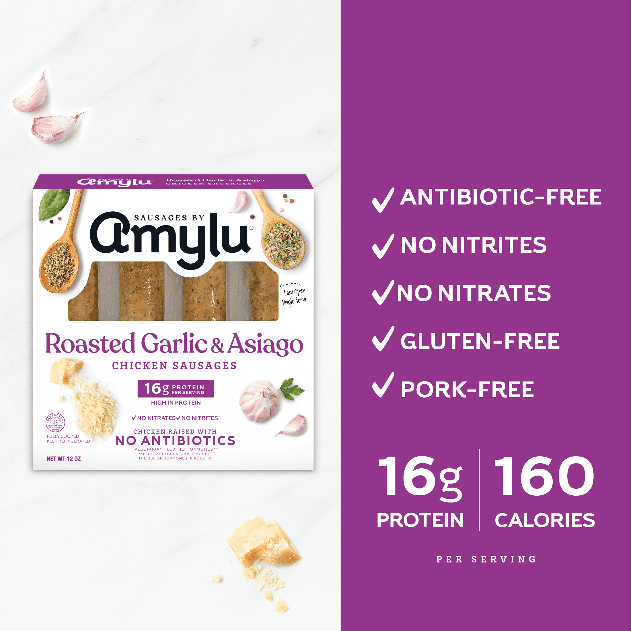 Amylu Foods Roasted Garlic & Asiago Chicken Sausages, 12oz, 4 Count, Refrigerated