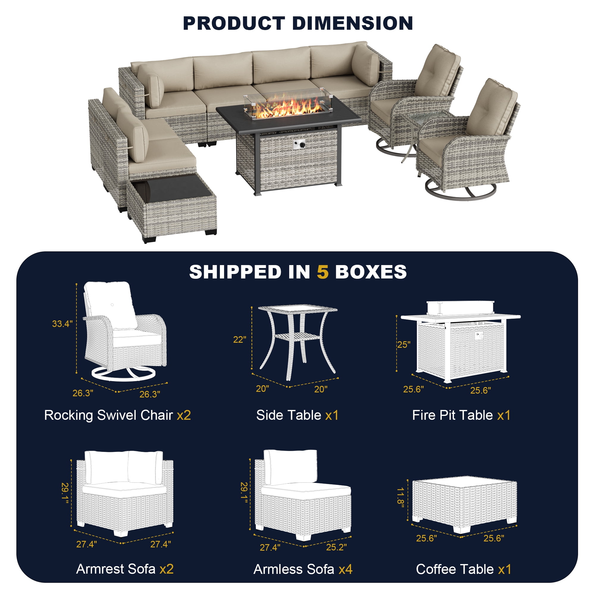 11-Piece Outdoor Patio Furniture Set with Rocking Swivel Chair, Wicker Rattan Sectional Sofa Conversation Set with 55,000 BTU Fire Pit Table, Backyard Furniture,Beige