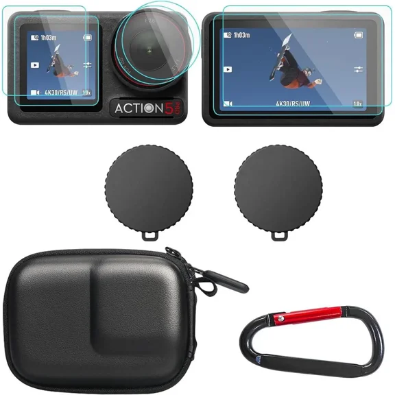 Accessories for OSMO Action 5 Pro, PU Portable Mini Carrying Bag Case, Lens Screen Protectors (6 Pack) Comatible with DJI Osmo Action 5 Pro, Rubber Lens Cap Cover for DJI Action Camera