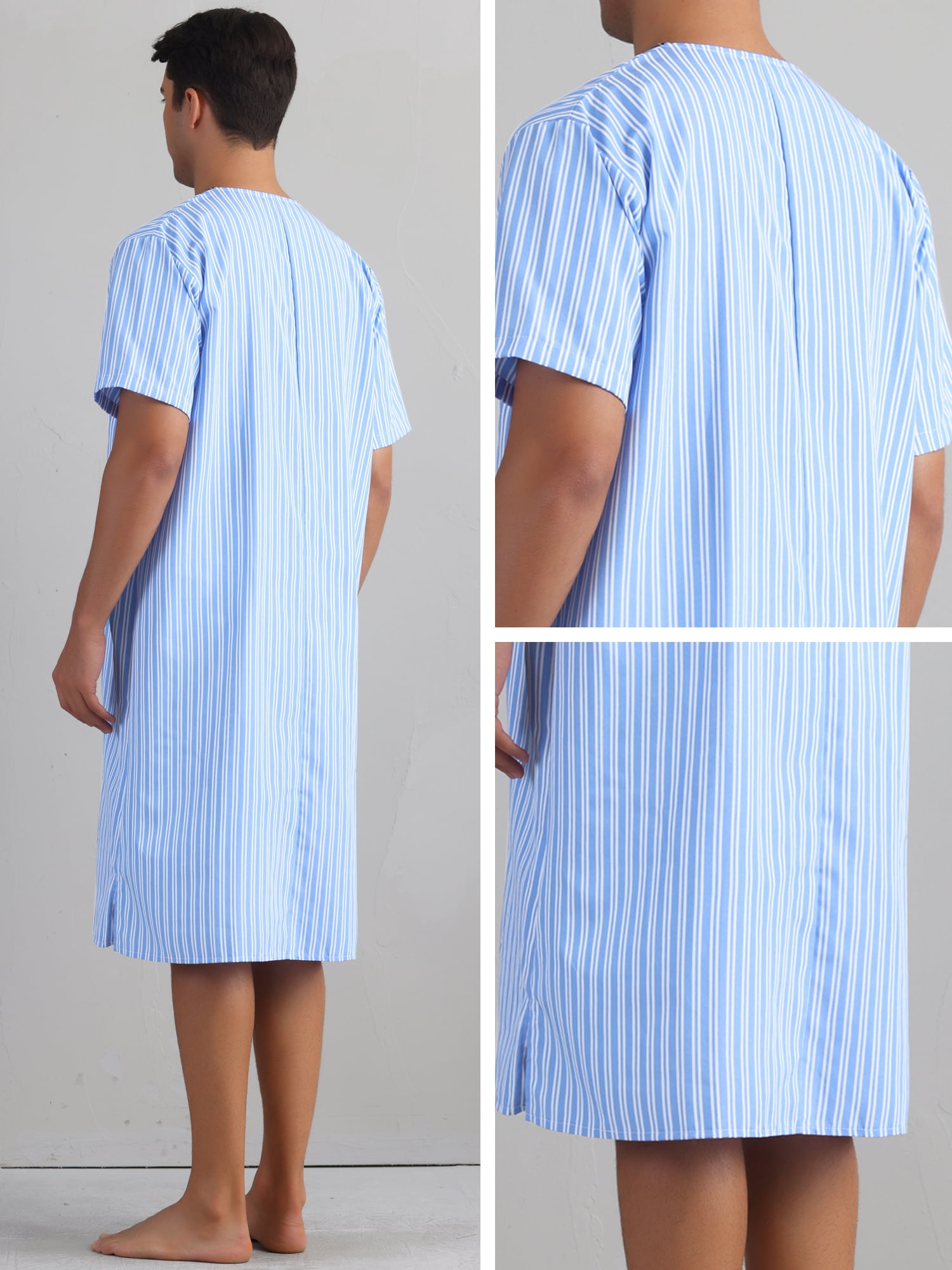 DARING DIVA Men's Short Sleeve Striped V-Neck Button Down Sleep Gown L Light Blue