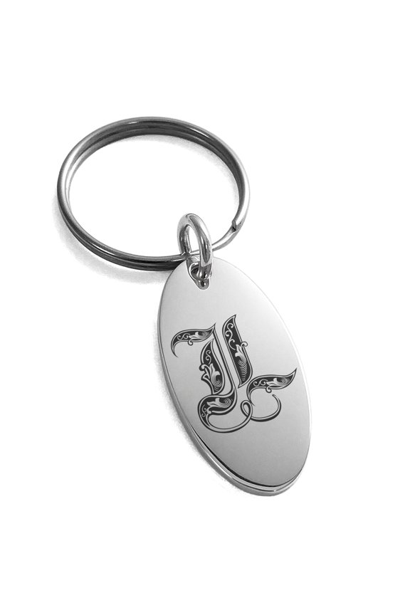 Stainless Steel Letter L Initial Royal Monogram Engraved Small Oval Charm Keychain Keyring