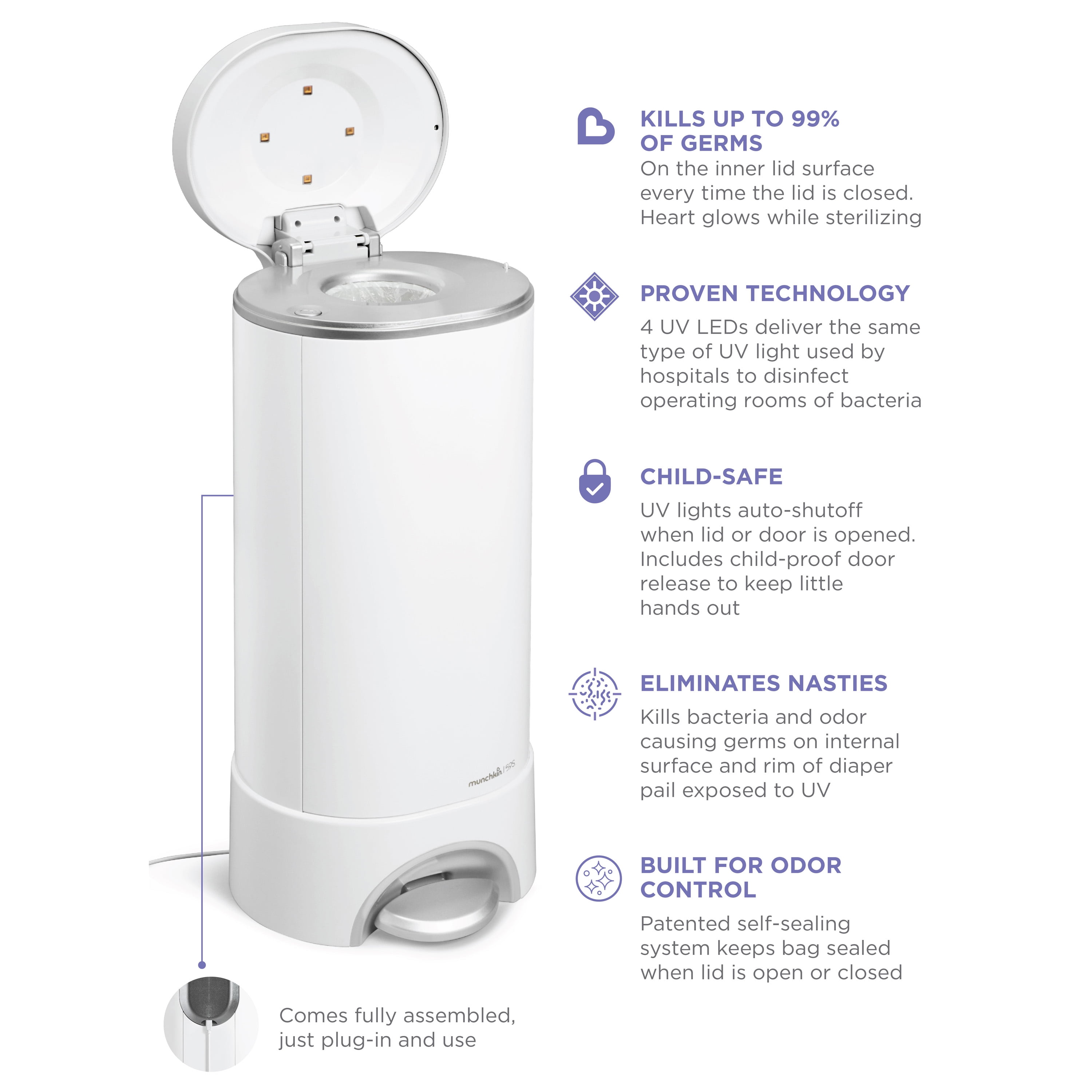 Munchkin UV Baby Diaper Pail, Odor Control, Nursery Essential for Newborns