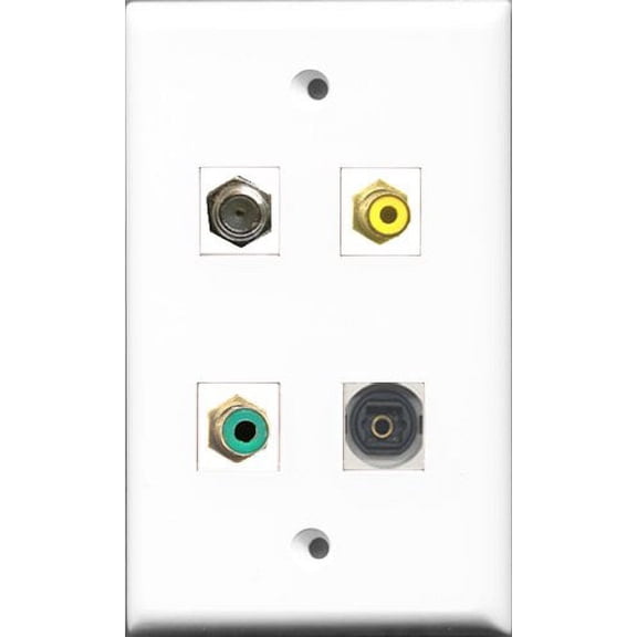 RiteAV 1 Port RCA Yellow and 1 Port RCA Green and 1 Port Coax Cable TV- F-Type and 1 Port Toslink Wall Plate