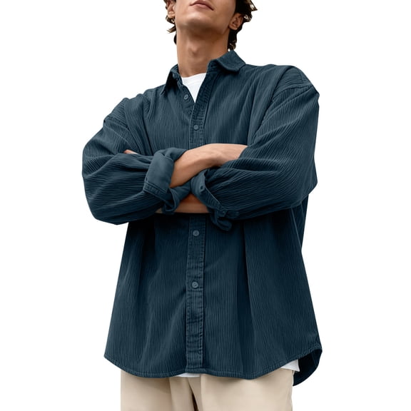 LJEFF Men's Corduroy Shirt, Solid Color Spring/Fall Long Sleeve Collar Button-down Jacket Navy