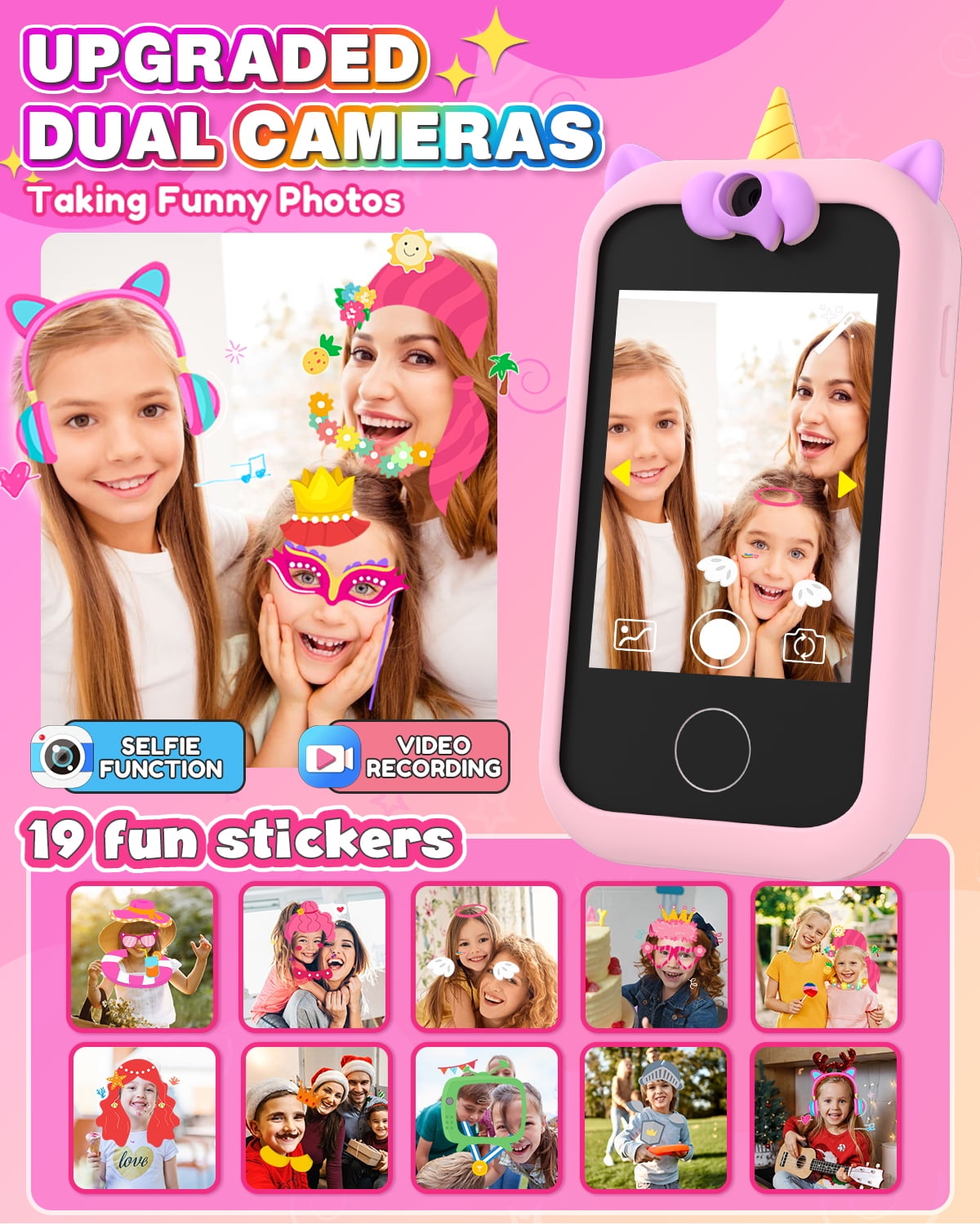 Prysyed Kids Toy Phone for Toddlers 3.5" Touchscreen, Christmas Birthday Unicorns Gifts for 3 4 5 6 7 8 Years Old Girls, Electronic Learning Toy for Girls Age 3-11 with Dual Camera 8G SD Card