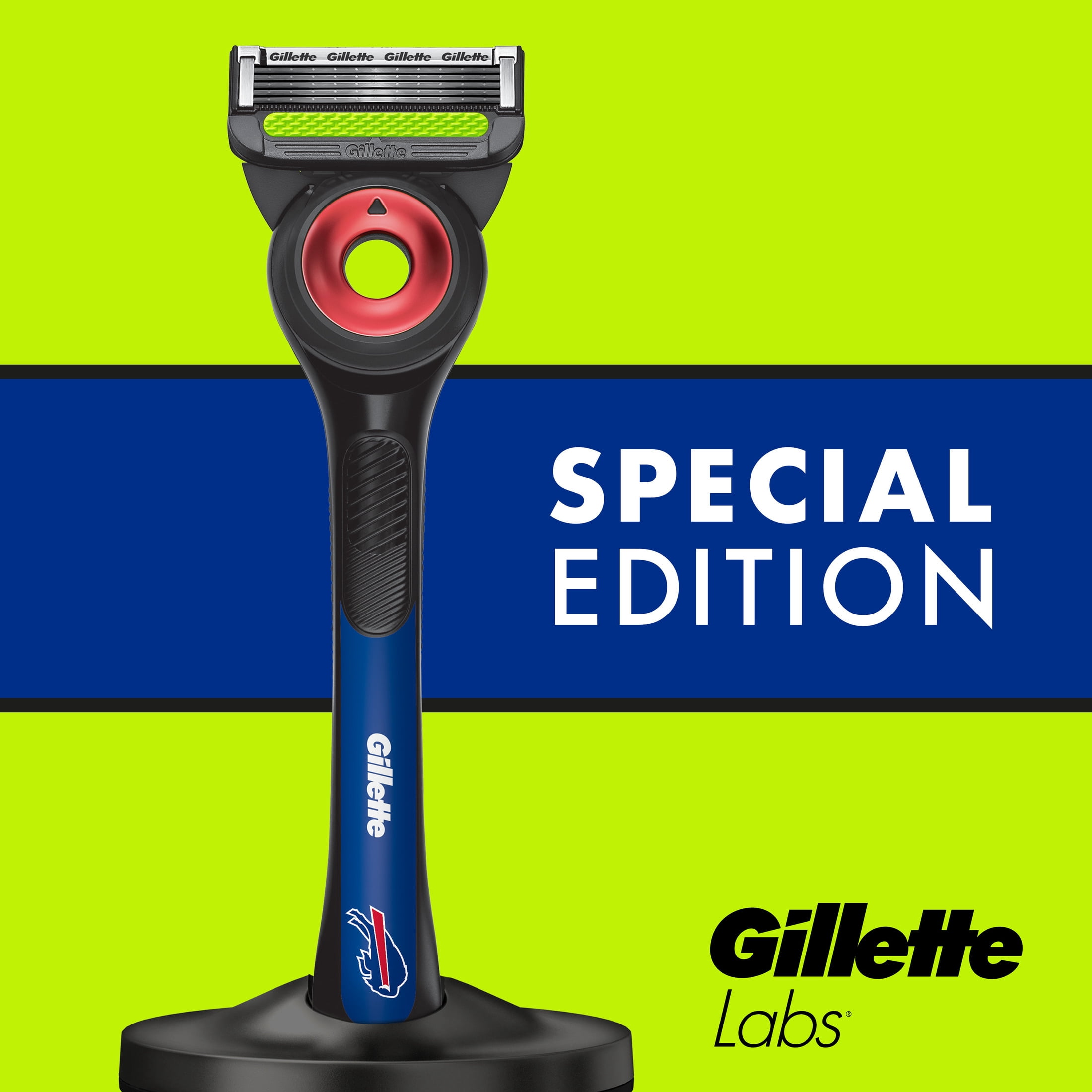 Gillette Labs Official Bills Licensed Razor for Men, Perfect for Game Day Grooming, Gillette Labs with Exfoliating Bar, 1 Handle, 4 Blade Refills, with Magnetic Stand