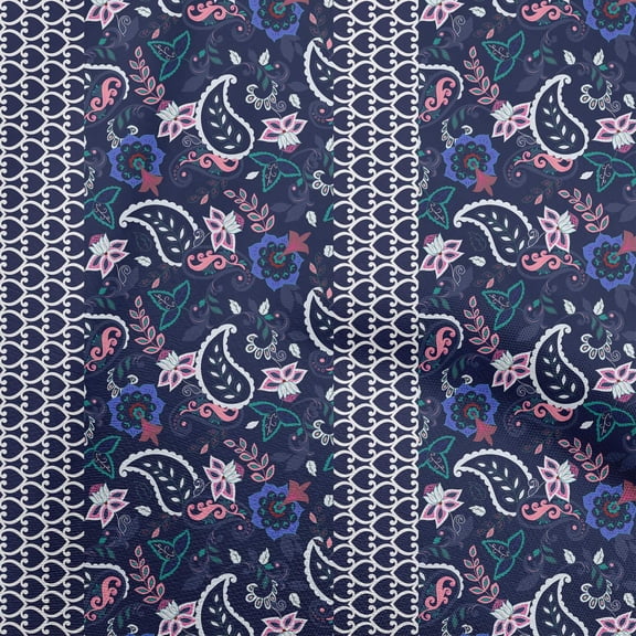 oneOone Polyester Spandex Dark Blue Fabric Asian Paisley Fabric For Sewing Printed Craft Fabric By The Yard 56 Inch Wide