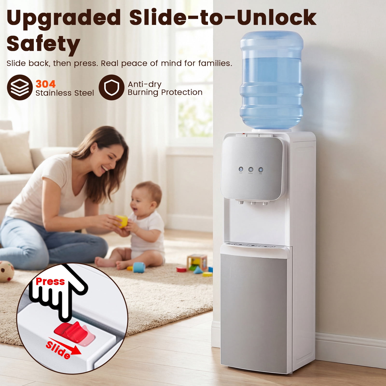 Advwin 4-in-1 Water Cooler Dispenser with Ice Maker, Hot & Cold Water, 33 lb Ice per Day, Ice Ready in 7 Minutes, Top Loading 3–5 Gallon, Child Safety Lock, White/Silver