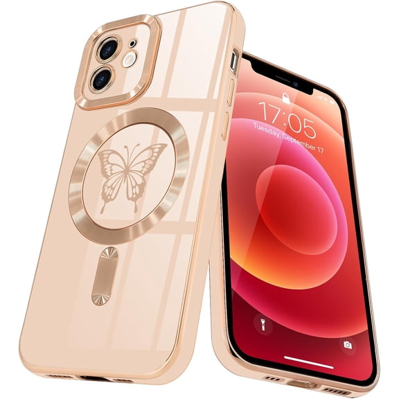 MYKOMI Magnetic for iPhone 12 Case for Women Girls Cute, [Compatible with MagSafe] [Camera Protection] Glitter Luxury Butterfly Plating Anti-Scratch Shockproof Cover Phone Case for iPhone 12