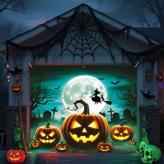 8x7ft Giant Pumpkin and Witch Moon Halloween Garage Door Banner