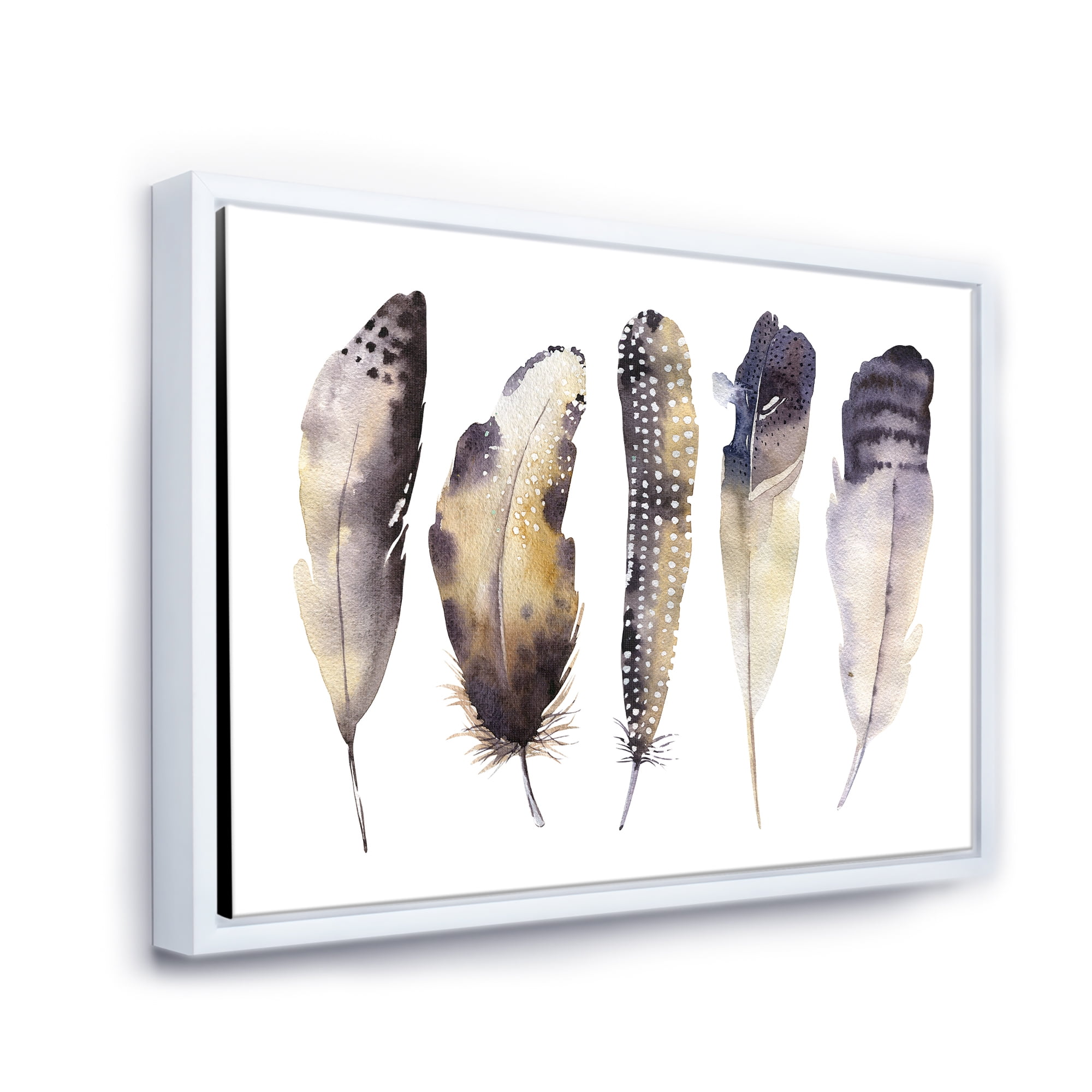 Designart 'Dark Gray Feathers Boho Ethnic I' Bohemian & Eclectic Framed Canvas Wall Art Print