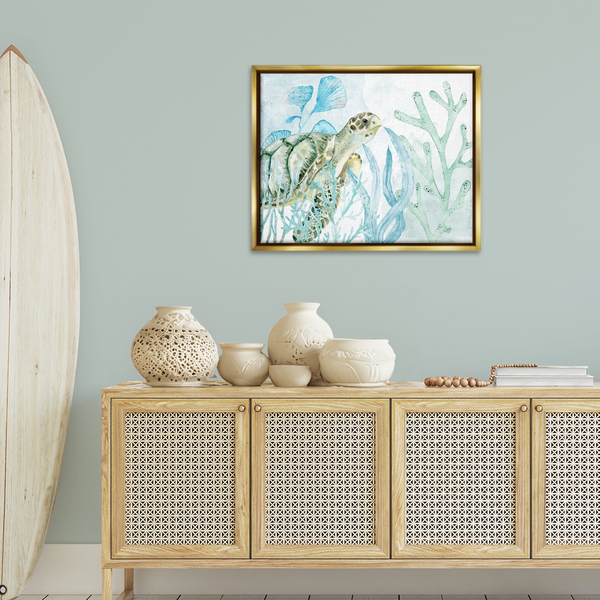 Stupell Industries Turtle in Watercolor Coral Animals Painting Gold Floater Framed Canvas Art Print Wall Art, 31 x 25