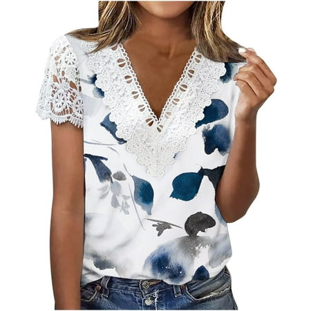 Hot6sl Womens Tops, Spring Tops for Women 2024 Trendy, Floral Print Tops for Women Lace Trim V Neck T Shirts Casual Loose Pullover Tee Shirts #3
