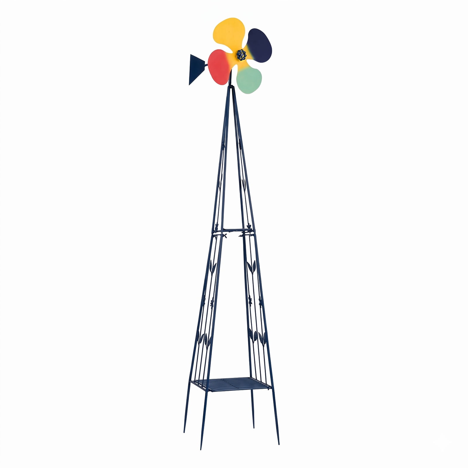 6.2FT Dark Blue Decorative Iron Windmill with 4 Rotatable Blades, 4-Leg Stand & Storage Shelf Weather Resistant Garden Wind Spinner for Yard Patio Lawn