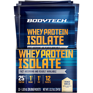 BodyTech Whey Protein Isolate Powder - With 25 Grams of Protein per Serving & BCAA's - Ideal for Post-Workout Muscle Building & Growth, Contains Milk & Soy - Vanilla (12 Packets)