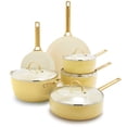 thumbnail image 1 of GreenPan Reserve Juego de ollas y sartenes antiadherentes de cerámica saludable, anodizado duro, 10 piezas, mango dorado, sin PFAS, apto para lavavajillas, apto para horno, amarillo amanecer, 1 of 5