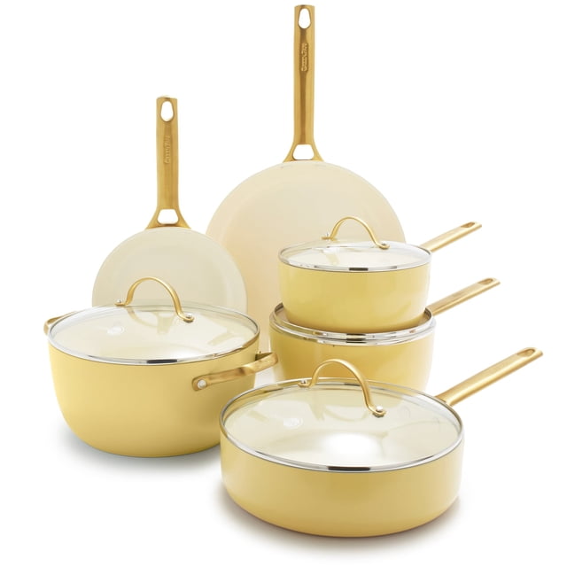 GreenPan Reserve Juego de ollas y sartenes antiadherentes de cerámica saludable, anodizado duro, 10 piezas, mango dorado, sin PFAS, apto para lavavajillas, apto para horno, amarillo amanecer