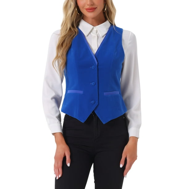 Chaleco de terciopelo INSPIRE CHIC para mujer, sin mangas, estilo retro, blazer steampunk, chaleco elegante, talla XS, azul real