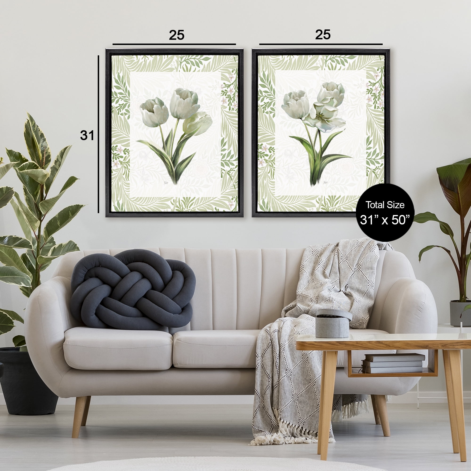Stupell Industries Soft Green Tulip Trios 2 Piece Black Framed Floater Canvas Set, design by Nan