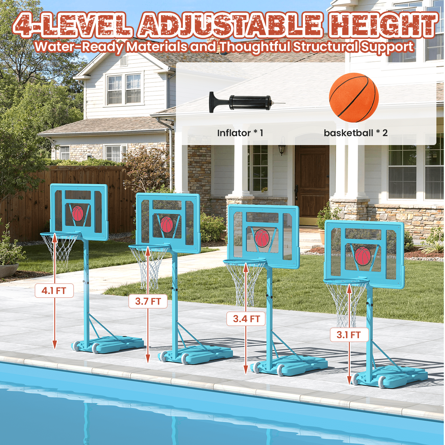 Bezliving 32“x23” Pool Basketball Hoop, 3.1FT-4.1FT Height Adjustable Poolside Basketball Hoop,Include Air Pump,Basketball, Made for Teens, Adults, Blue