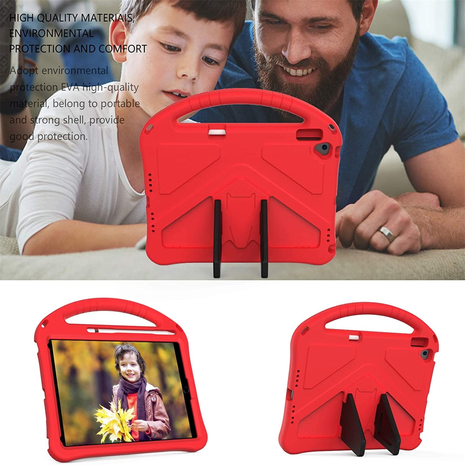 Allytechgroup Kids Case for iPad 9th/8th/7th Generation iPad 10.2 inch 2021/2020/2019 with Kickstand/Handle Stand/Pencil Holder [1x Screen Protector] Shockproof Cover for Boy Girl Children, Red