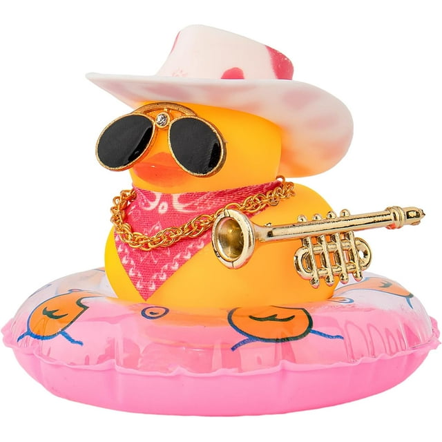 Car Duck Ornament Dashboard Decorations for Car Rubber Duck Accessories with Hat Necklace Swim Ring Musical Instruments N