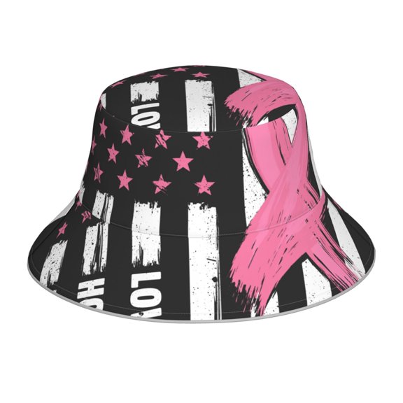 KLL Ribbon Breast Cancer Awareness Bucket Hat for Women Men Packable Travel Beach Sun Hat Outdoor Rave Accessories Reflective Fisherman Cap