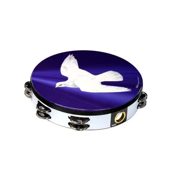 Remo Tambourine, 10 Diameter, 8 Pairs Jingles x 2 Rows, 'Religous Dove' Graphic