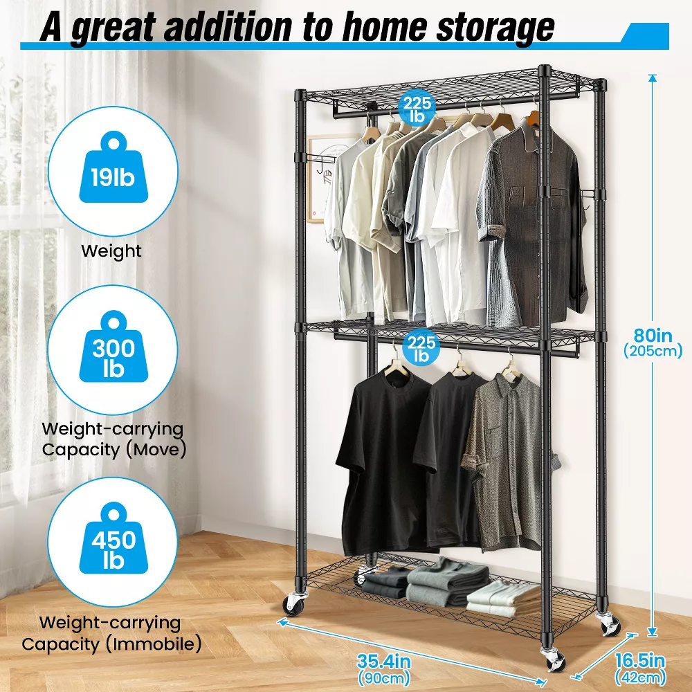 Sailvan Heavy Duty Clothing Rack with 3 Tier Adjustable Shelves, Double Rod Rolling Garment Rack, Small Space Freestanding Closet Wardrobe 16.54"D x 23.62"W x 80.71"H,White