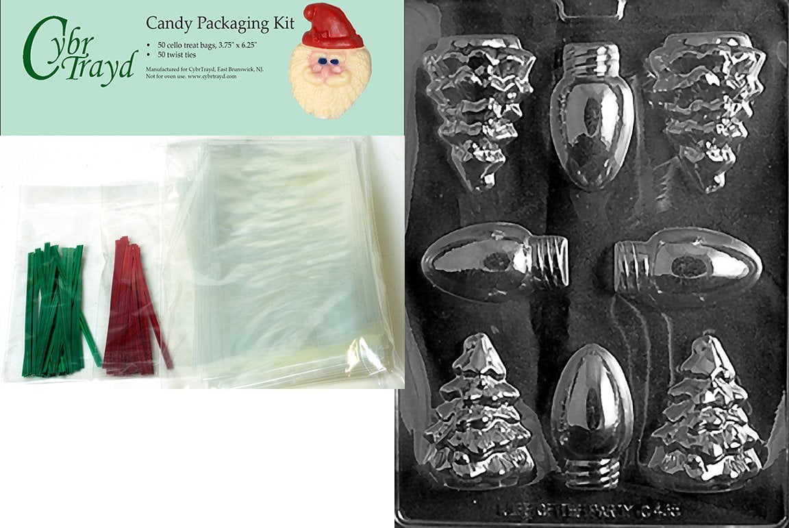 25 Red and 25 Green Twist Ties Includes 50 Cello Bags Cybrtrayd MdK50C-C435 Bulbs/Tree Mold Christmas Chocolate Mold with Chocolate Packaging Kit and Molding Instructions 